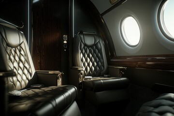 Fototapeta premium A private jet interior, featuring plush leather seats, wood paneling, and personalized service from a flight attendant 