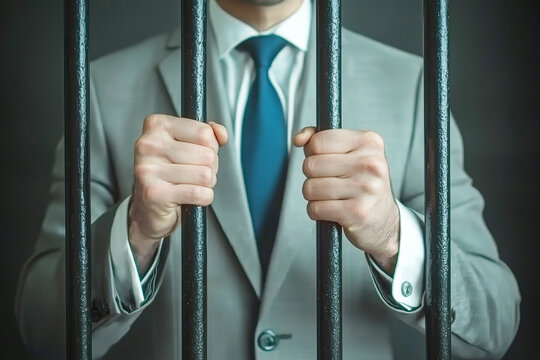 A man in a business suit holds onto the bars of a prison cell. A person of high status, perhaps a businessman or civil servant. Internal barriers that prevent one from moving forward.
