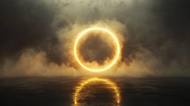 A glowing golden ring surrounded by swirling atmospheric elements