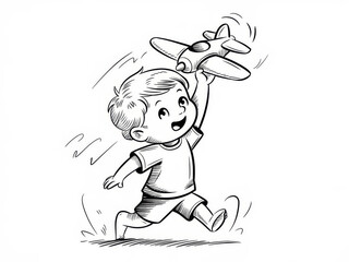 Fototapeta premium Playful child sketch with toy airplane in black and white