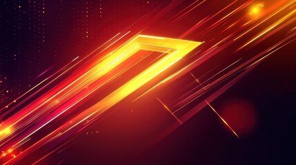 Abstract red neon light arrow speed background. Futuristic glow tech gamer graphic for banner. Fast move cyber casino design with yellow led beam. 3d triangle perspective dynamic digital party bg.
