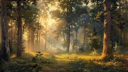 Beautiful scene morning in the green forest with sunlight landscape. AI generated image