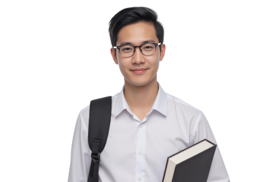 Portrait of a young student concept. Young man with glasses holding a book, wearing a white shirt and backpack, isolated on transparent background.