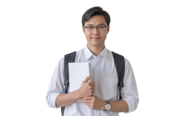 Portrait of a young student concept. Young man with glasses holding a notebook, wearing a backpack and smiling, isolated on transparent background.