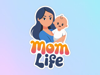 Cute drawn mom holding baby sticker with colorful text design