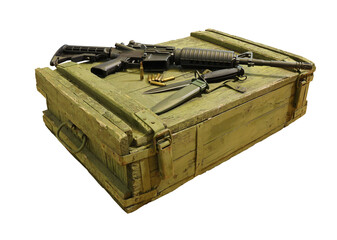 old wooden box with military rifle ammo and bayonet, ammo crate , wooden ammo crate