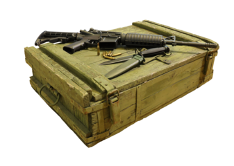 old wooden box with military rifle ammo and bayonet, ammo crate , wooden ammo crate