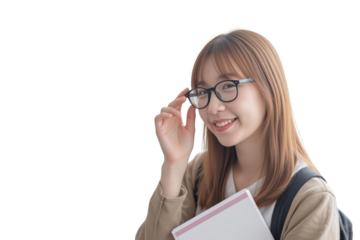 Portrait of a young student concept. Young woman with glasses smiling while holding a notebook, isolated on transparent background.