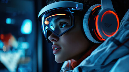 A teenager immersed in a VR adventure game, Incredible close-up of a young woman wearing advanced VR headset and headphones, immersed in a digital world.