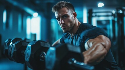 A focused athlete, muscles rippling with anticipation, strides purposefully towards a rack laden with weights, his gaze fixed on a heavy dumbbell he grips with unwavering concentration, poised for