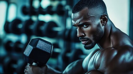 A focused athlete, muscles rippling with anticipation, strides purposefully towards a rack laden with weights, his gaze fixed on a heavy dumbbell he grips with unwavering concentration, poised for