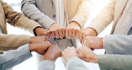 Business people, fist bump and support in team, success and solidarity with goals, mission and...