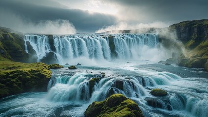 Obraz premium Majestic waterfalls cascading over rocky cliffs in a serene landscape during twilight hours
