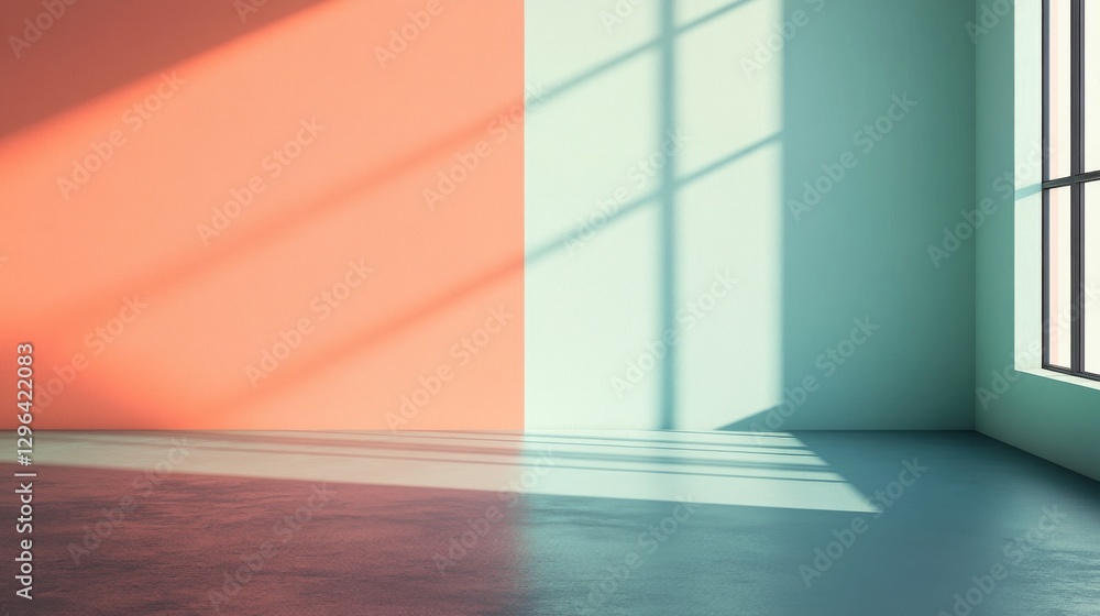 Poster light and shadows illuminate the minimalist interior with color blocking