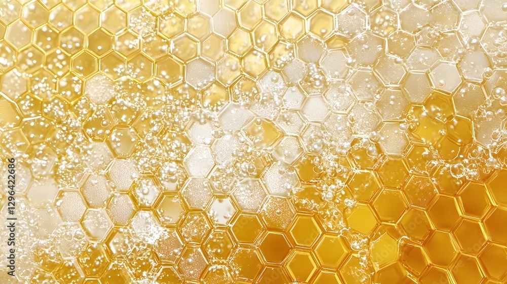 Poster an abstract image of a honeycomb with liquid and bubbles