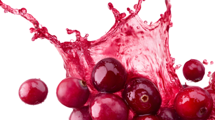 
Cranberries rolling through a dynamic juice explosion, slow motion, cut out, transparent background