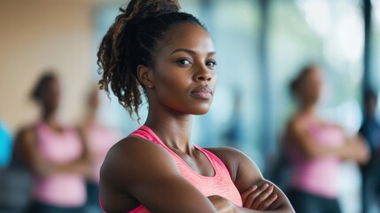 A determined African American athletic woman, her muscles taut with anticipation, gracefully stretched in an exercise class, radiating confidence and strength as she prepares for the day is workout.