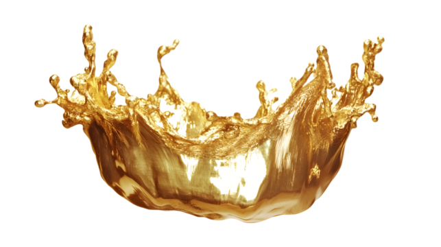 Golden liquid splash suspended in air, slow motion, macro shot, cut out, transparent background,