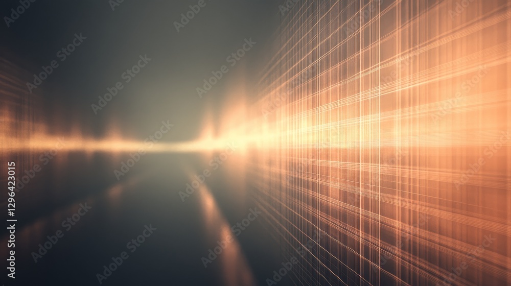 Poster an abstract digital artwork displaying grid lines and golden light