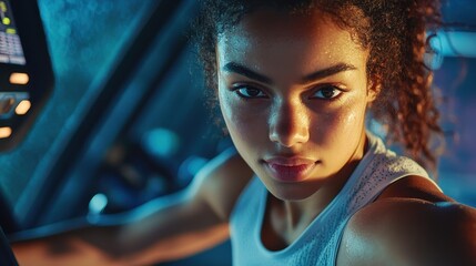 A young woman, her face radiant with determination, strides confidently towards a high-tech sports simulator, her gym clothes hinting at an active lifestyle. Sweat beads on her forehead as she