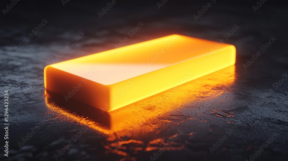 Poster a glowing rectangular object resting on a textured surface