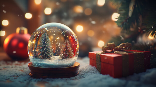 Festive Christmas scene with snow globe, gift, and ornament