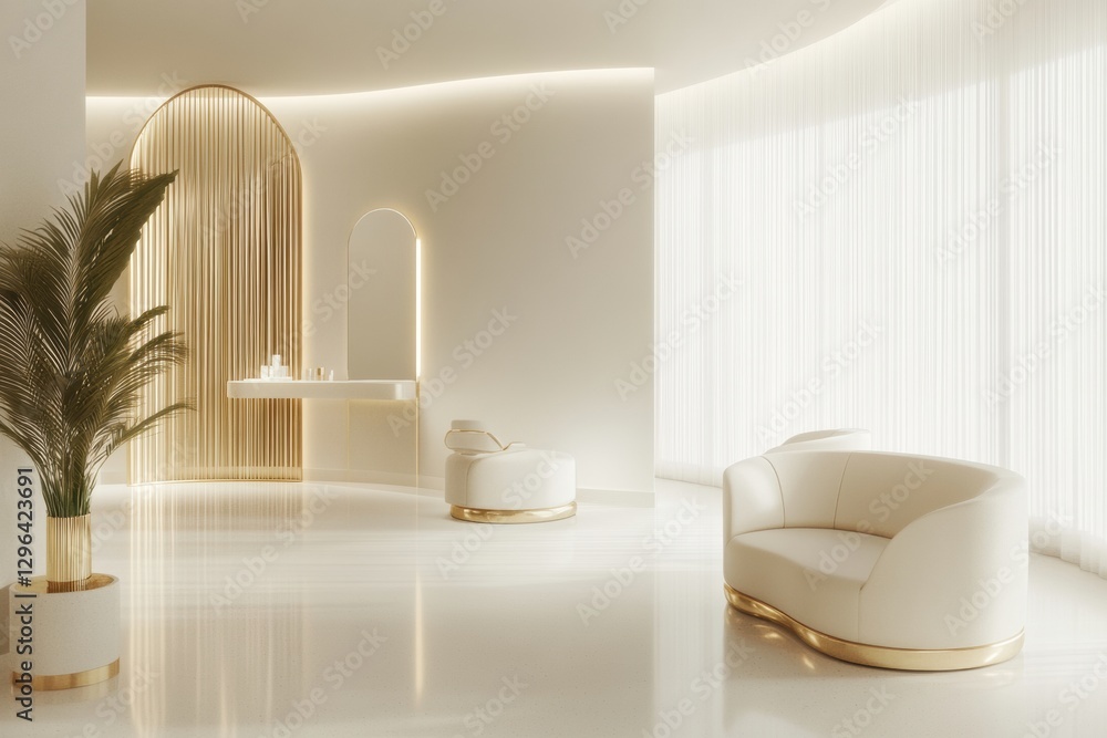 Poster Modern minimalist interior space featuring elegant furniture and soft lighting in a serene environment. Generative AI