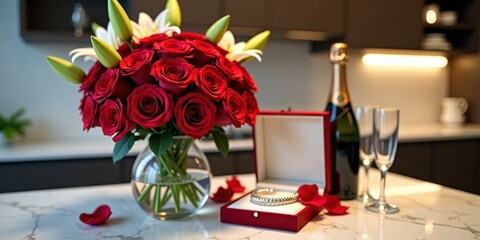 A bouquet of red roses and white lilies in a clear glass vase, a bottle of champagne, two champagne glasses