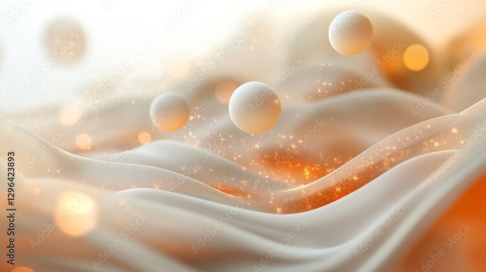 Poster floating spherical orbs over flowing fabric with scattered sparkles