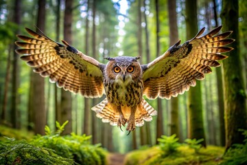 Obraz premium Eurasian Eagle Owl in Flight, Panoramic Green Forest, Majestic Bird, Wildlife Photography