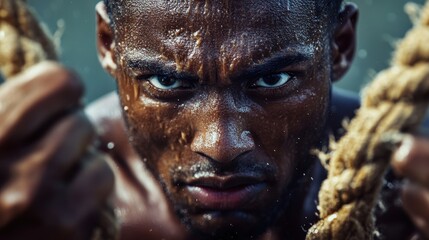 A determined athlete, his brow slick with sweat, pushes his muscles to the limit as he battles ropes during a grueling training session, showcasing the dedication and grit of a professional sportsman.
