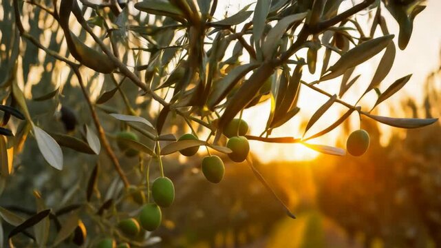 olive branch at sunset, with lush green olives, leaves, and warm, golden light filtering through the branches