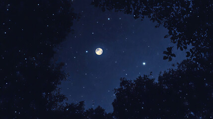 Enchanting night sky with moonlit spider web and silhouetted foliage