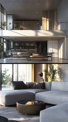 Modern living room with concrete walls and large windows