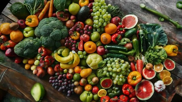 colorful assortment of fresh fruits and vegetables on a wooden surface