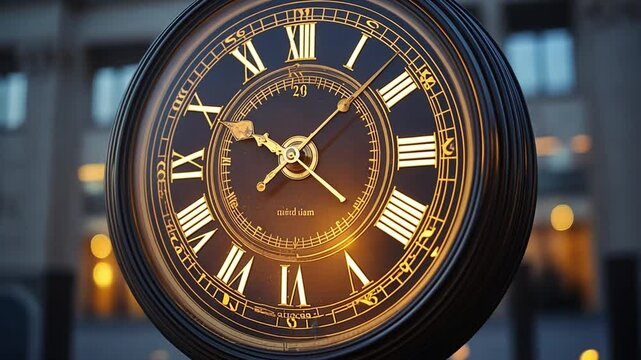 Timeless Elegance: A close-up shot of a classic clock with Roman numerals, its face illuminated by warm lighting and capturing the essence of historical charm. 