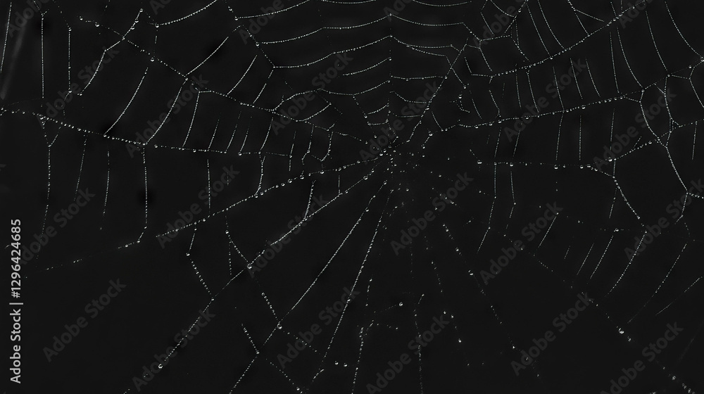 Poster intricate spider web with water droplets on dark background