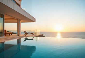 Fototapeta premium Luxury infinity pool at sunrise with ocean view, relaxation concept