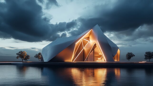 Architectural masterpiece with a sculptural geometric facade, bathed in soft LED lighting against a dark sky. 3D rendering