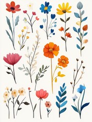 Collection of colorful floral elements in flat color. Set of spring and summer wild flowers, plants, branches, leaves and herb. Hand drawn of blossom vectors for decor, website, graphic and shop.