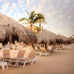 A tranquil beach setting showcasing lounge chairs and thatched umbrellas, ideal for enjoying the sun and surf.