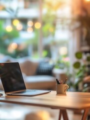 interior background concept - blurred working place at home with computer