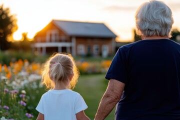 A serene moment shared between a grandmother and granddaughter as they stroll hand in hand, enjoying the sunset over a picturesque landscape filled with flowers.