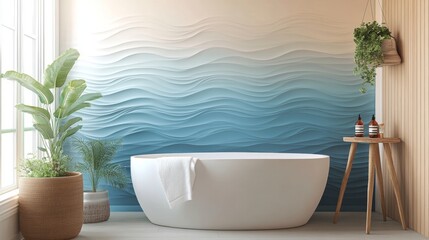 Artistic Levanto bedroom featuring a gradient wave-textured accent wall, hidden LED lighting, and a cozy atmosphere. 3D rendering