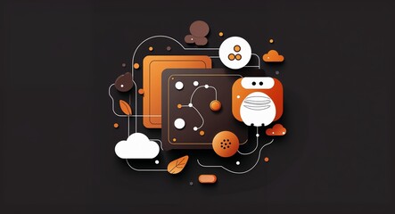 Naklejka premium brown thematic elements abstract cartoon on plain dark black background illustration