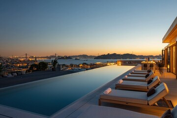 Fototapeta premium A rooftop infinity pool with stylish lounge chairs, a cocktail bar, and a panoramic view of the city at sunset.