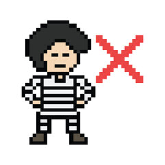 Obraz premium Cute pixel cartoon character prisoner man in jail prison uniform decoration crime prisoner man in prison 8 bit cartoon pixel robber 8bit png vector.