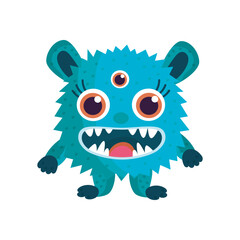 Funny blue furry monster vector illustration, cute three-eyed cartoon creature for children's designs, Halloween, and fantasy themes.