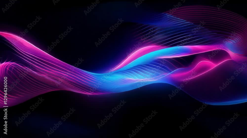 Poster abstract waves of neon colors flowing smoothly across a black background, creating a futuristic look