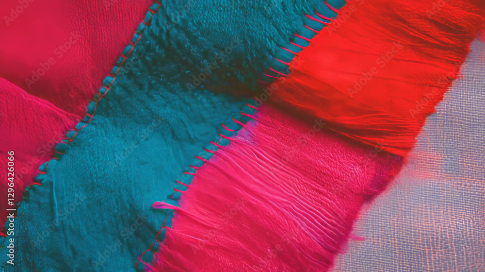Poster Vibrant stitched fabric texture with colorful threads for creative design projects